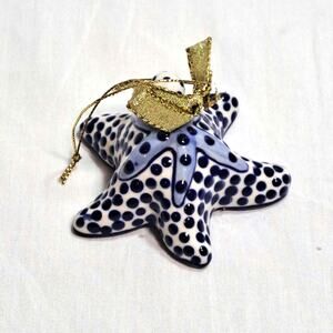 Vintage Diane Ceramic Starfish Ornament Blue White 2004 Gold Bow Hanger